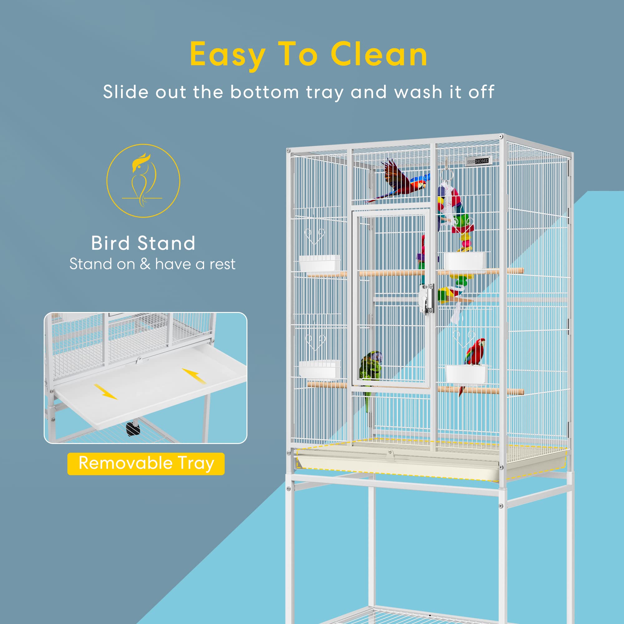 VIVOHOME 54 Inch Wrought Iron Large Bird Flight Cage with Rolling Stand for Parakeets Canaries Cockatiels Lovebirds Conures, Whi